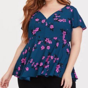 Torrid FLORAL V-NECK FLUTTER SLEEVE GEORGETTE BLOUSE